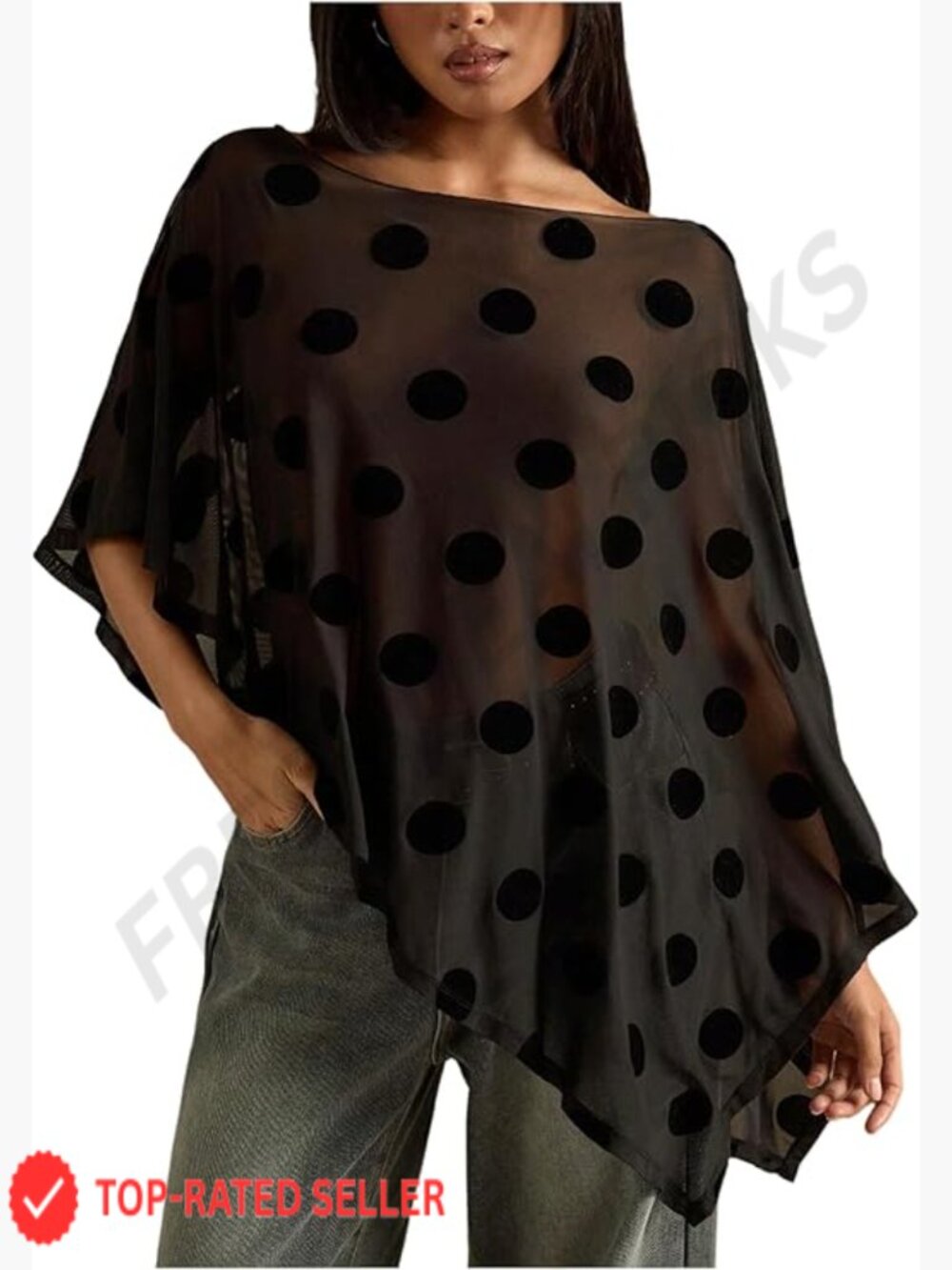 Asymmetrical Polka Dot Chiffon Poncho Top Off Shoulder Loose Fit 3/4 Sleeve